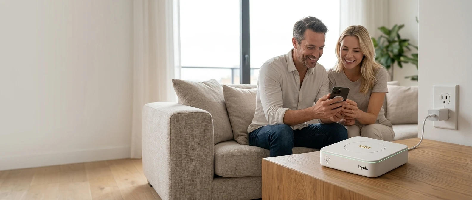 At home with a phone and the powered Frynk Home personal cloud.