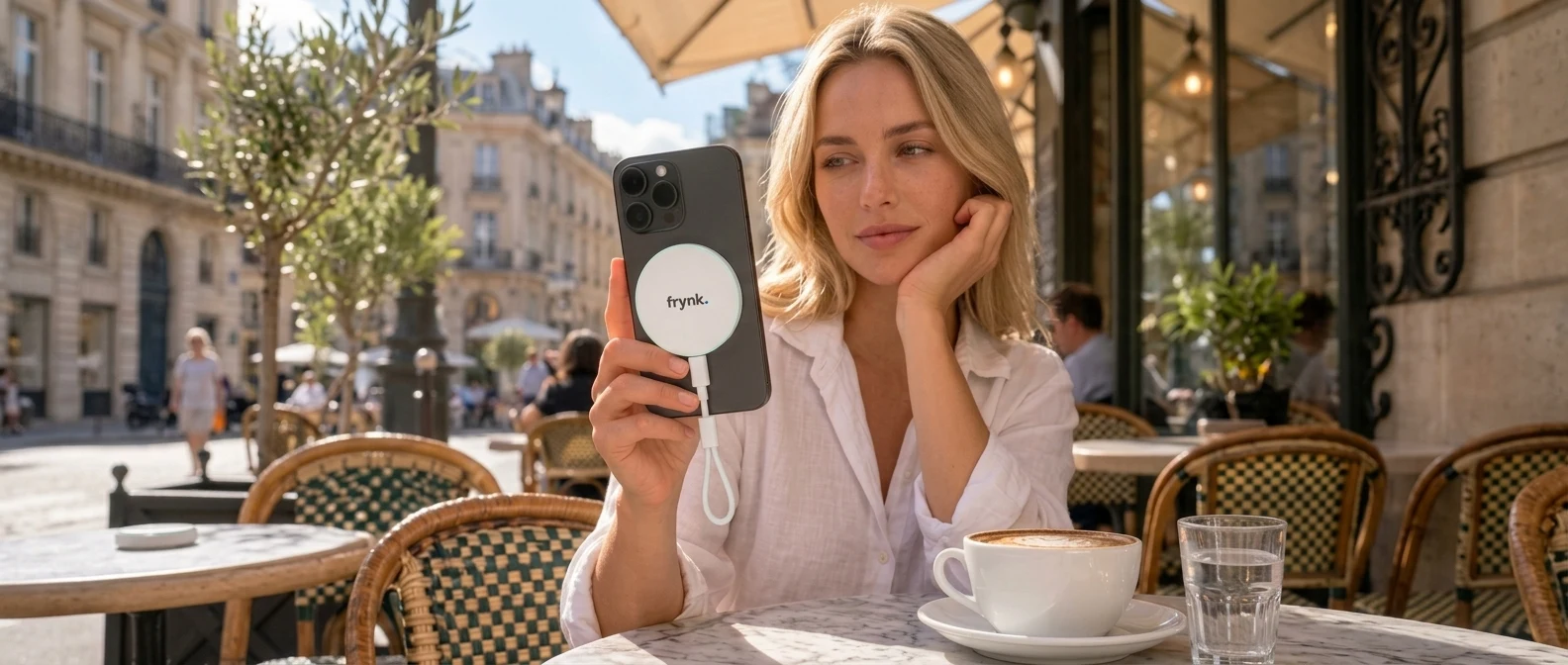 A woman at a café with branded Puck attached to her iPhone and connected by USB.